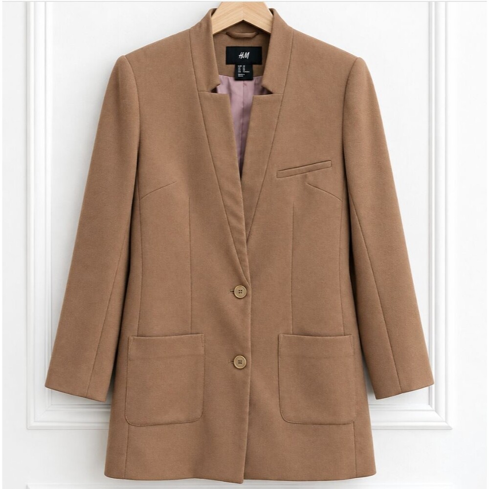 H&M Women’s Size 10 Camel Brown Longline Blazer Jacket Tailored Patch Pockets